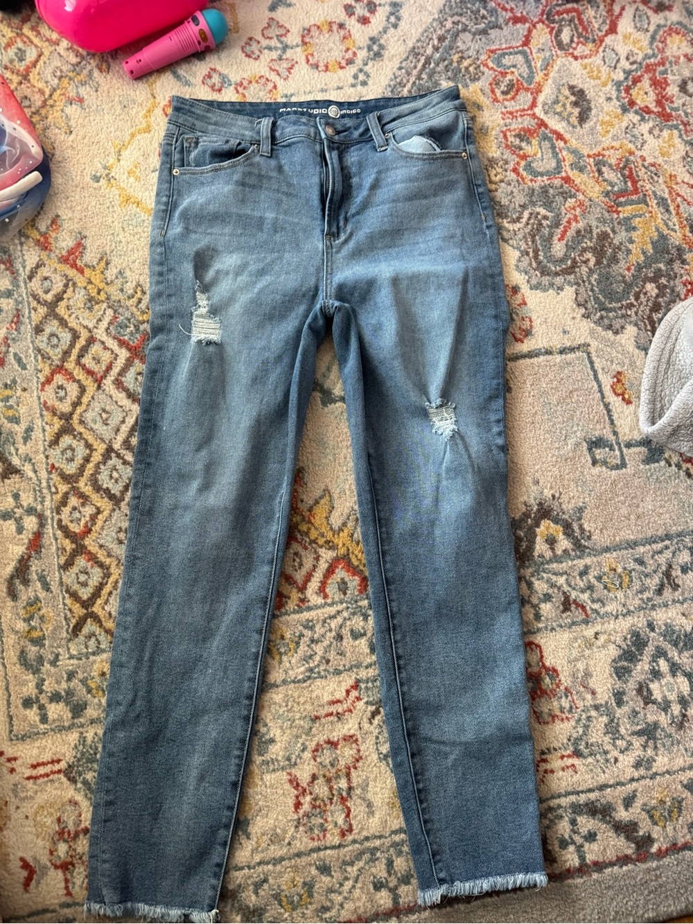Max Studio Washed Blue Distressed Straight-Leg Jeans